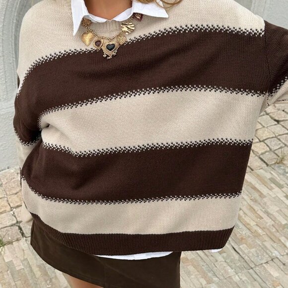 Coffee Brown Casual Women's Contrast Drop Shoulder Sweater - Picture 4 of 6